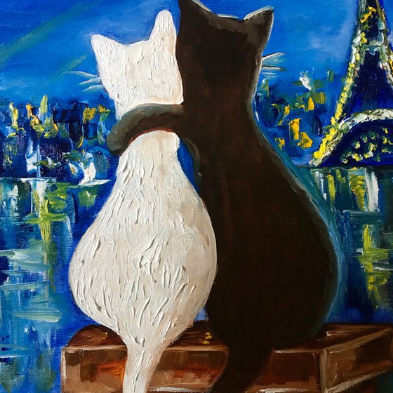 Cats in Paris. Travel to Paris, Parisian roofs , romantic night .