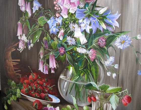 Strawberries and Bluebells, Rustic Still Life