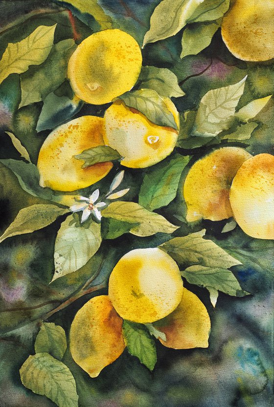LEMON TREE - original watercolor painting - sunny yellow and green color - Valentine day gifts - Gifts for him - Gift for her