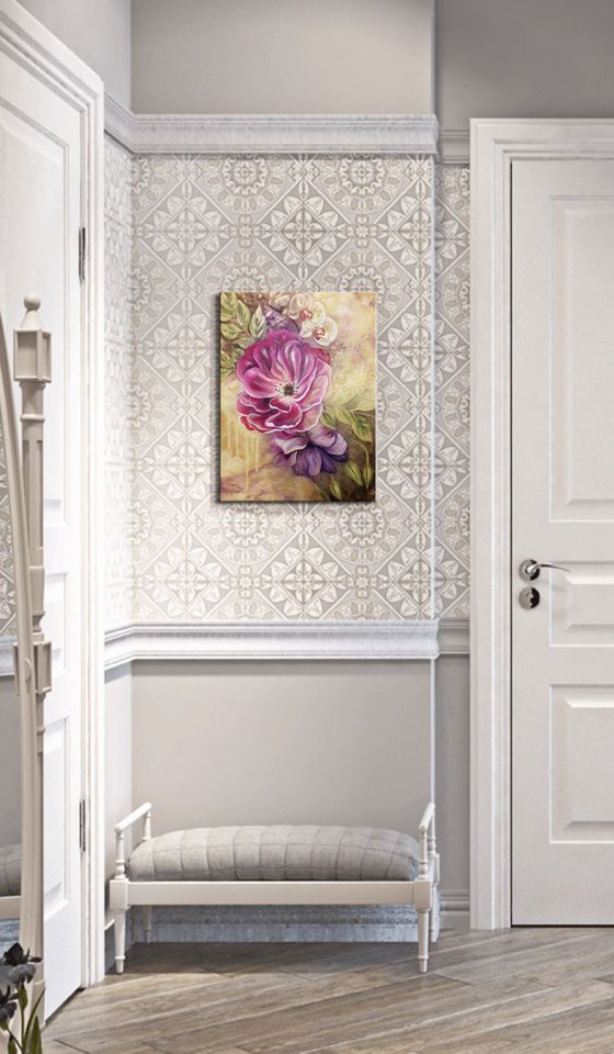 "Smell of rose", flowers painting, floral mixed media art, textured art