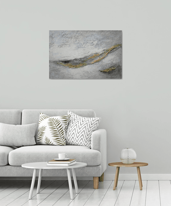 Large Abstract Large Large Abstract Painting. Gray and Gold, White. Modern Textured Art. Abstract Landscape