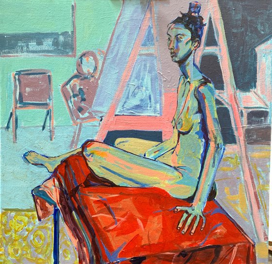 Female nude in blue & yellow