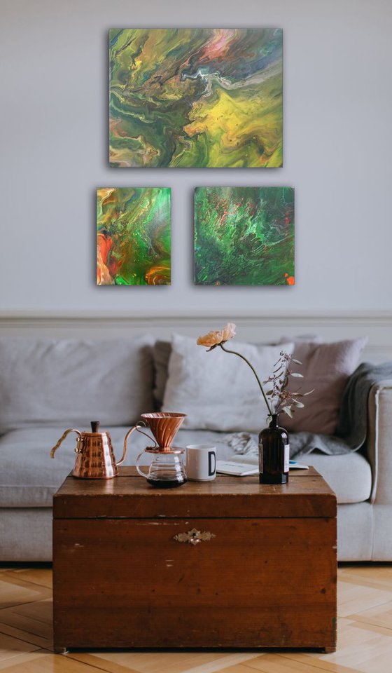 "Jungle Fever" - FREE USA SHIPPING - Original Triptych, Abstract PMS Acrylic Paintings Series - 21" x 28"