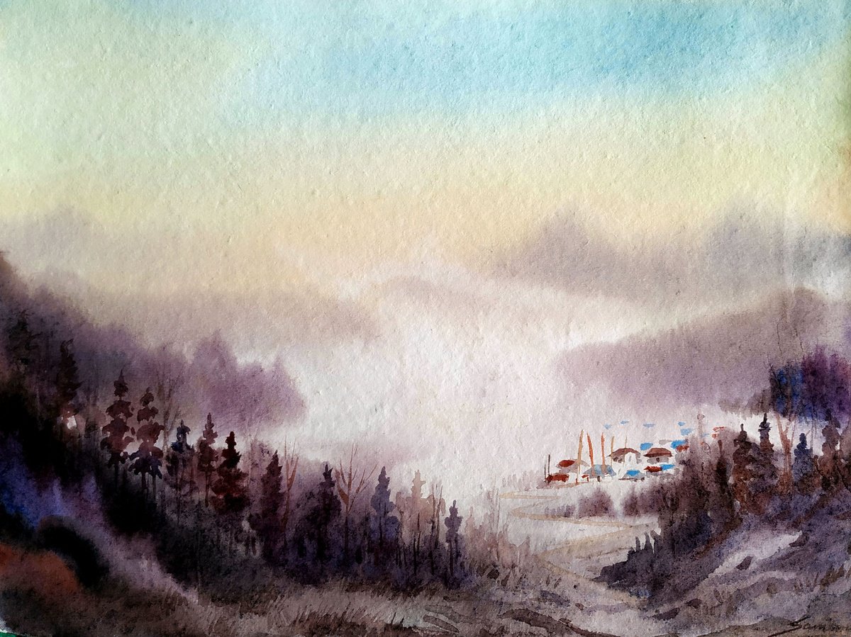 Impressionistic Landscape Watercolour By Samiran Sarkar, 15 X 11", Foggy Misty Himalaya Mountain, Original Artwork