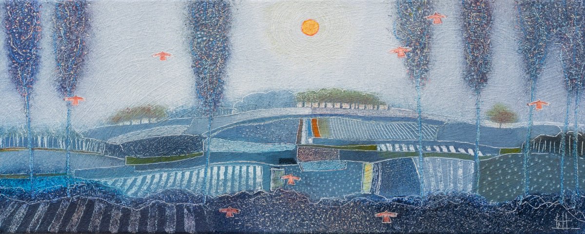 Landscape Oil Painting By Rob Van Hoek, 21 X 9", Through The Blue, Original Artwork