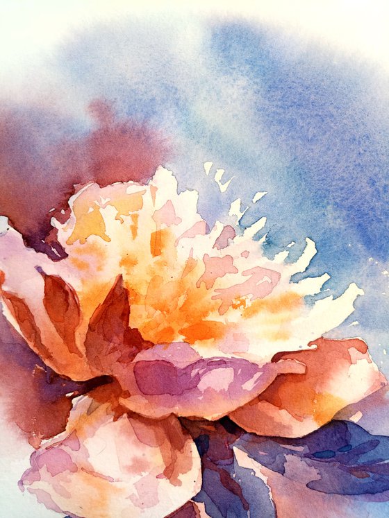 Original watercolor painting "Peony Blossom. Light-hearted flower"