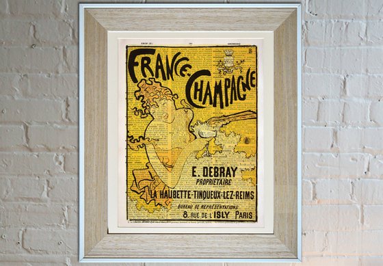 France Champagne - Collage Art Print on Large Real English Dictionary Vintage Book Page