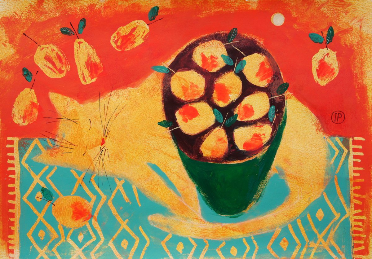 Impressionistic Animal Acrylic Painting By Irina Plaksina, 17 X 12, I See Peaches In My Dream, Original Artwork