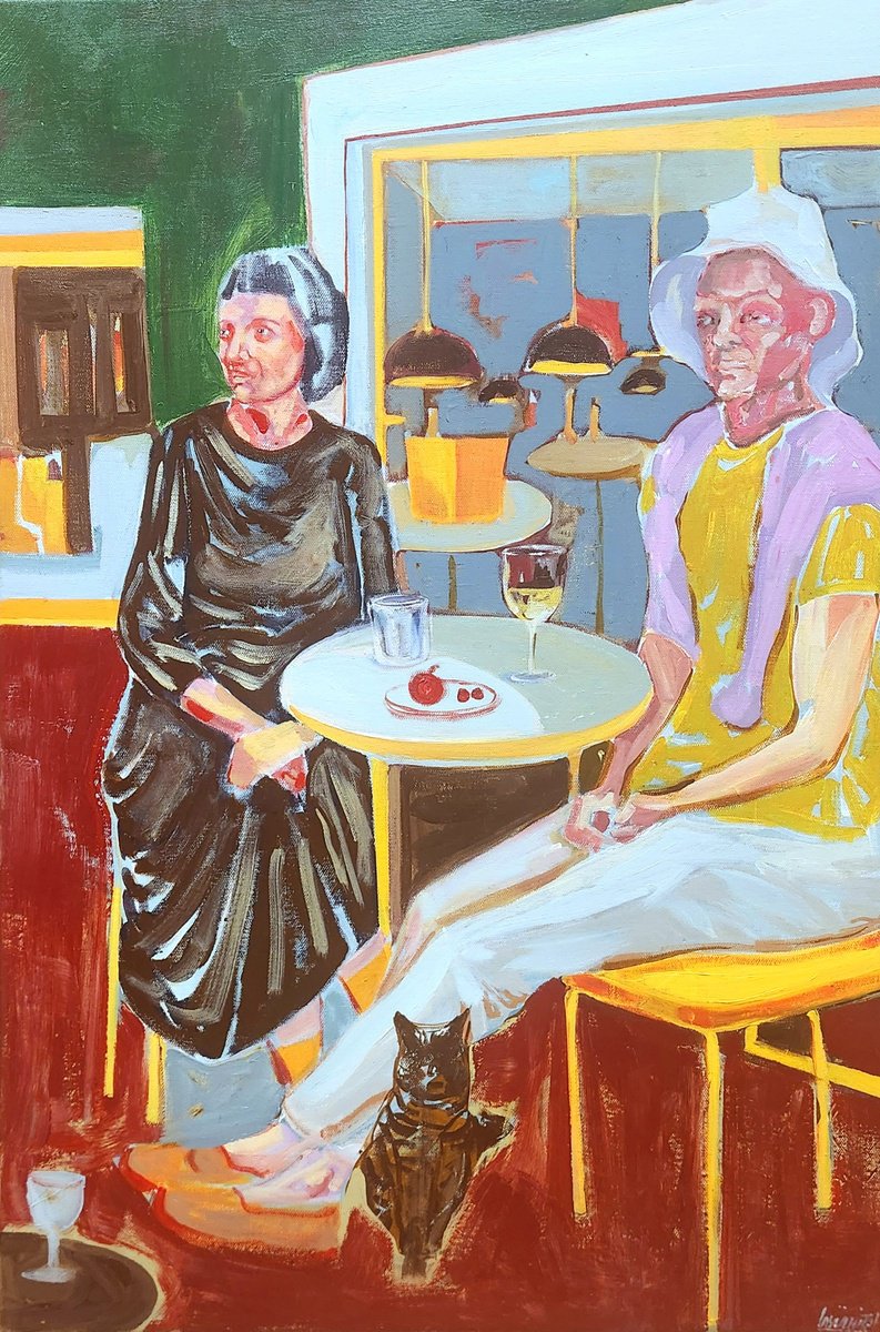 Expressive Portrait Acrylic Painting By Anahita Amouzegar, 21 X 31, At The Bar, Original Artwork