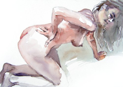 backview ,nude lying pose with hand on her back by Goran Žigolić Watercolors