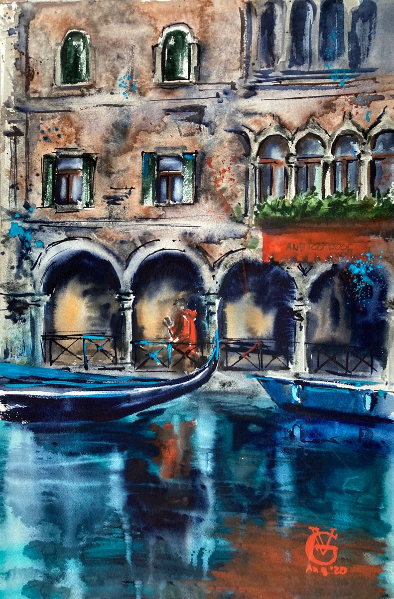 Impressionistic Cityscapes Watercolour By Valeria Golovenkina, 15 X 22", Antico Doge, Original Artwork