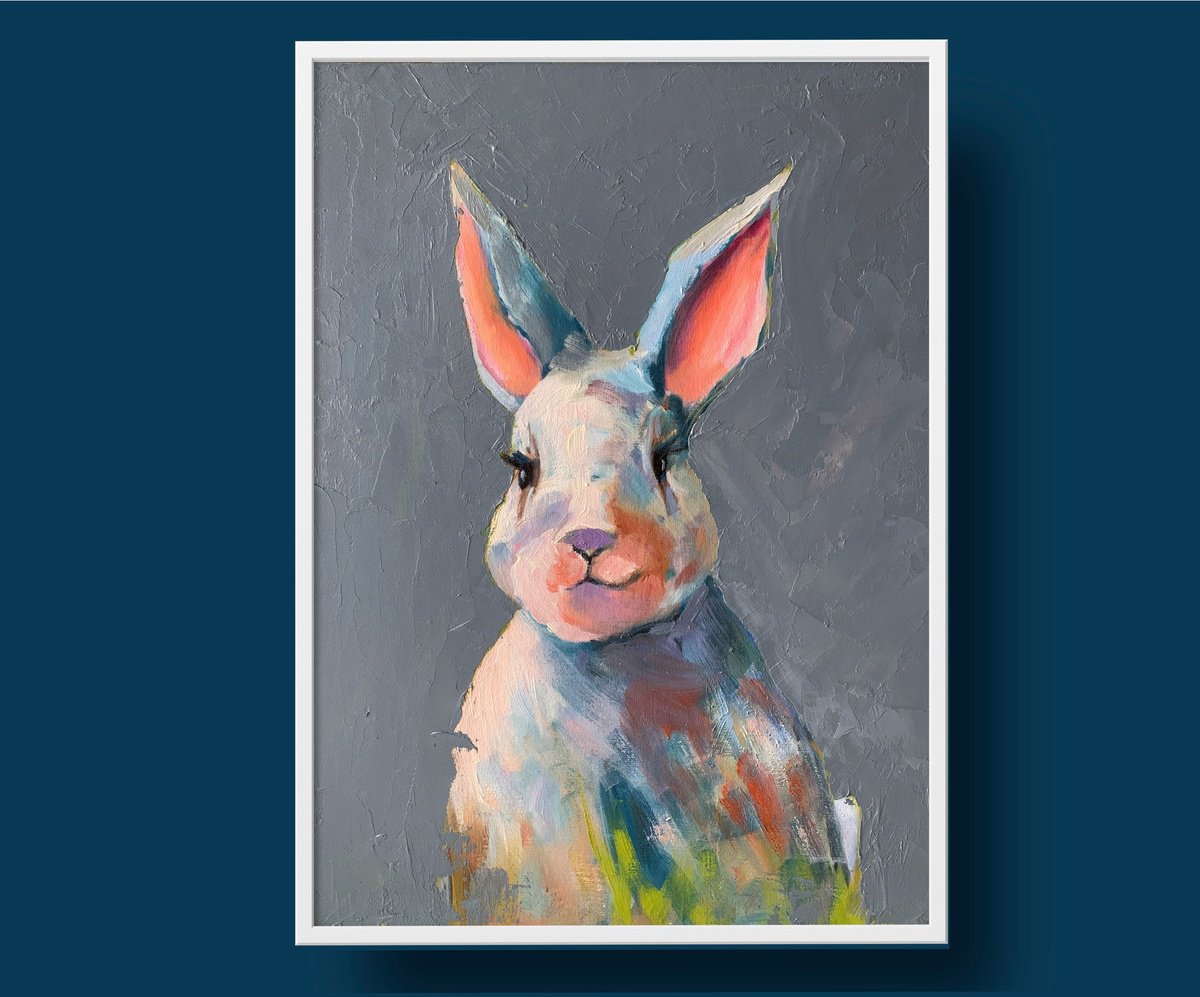 Impressionistic Animal Oil Painting By Vita Schagen, 12 X 16", Colorful Rabbit Bunny., Original Artwork