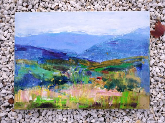 Mountain meadows. Freshness of herbs. Original oil painting