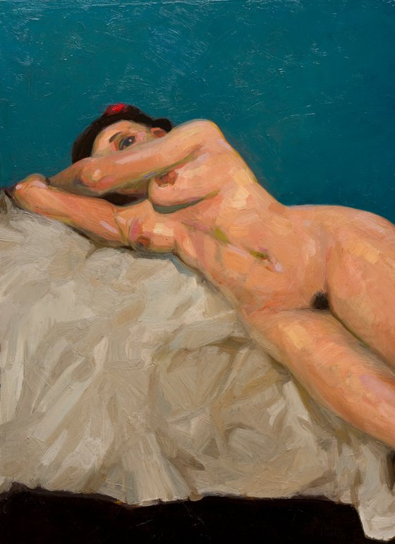 modern style nude impressionist woman on a blue background