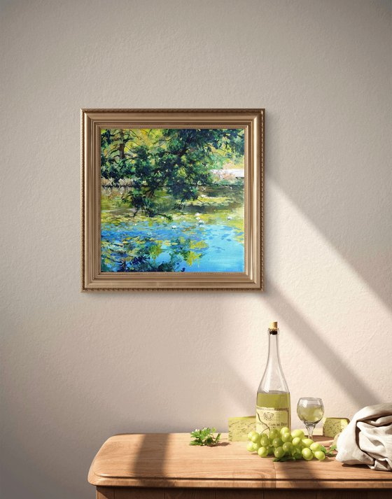 Waterlilies pond under the oak trees