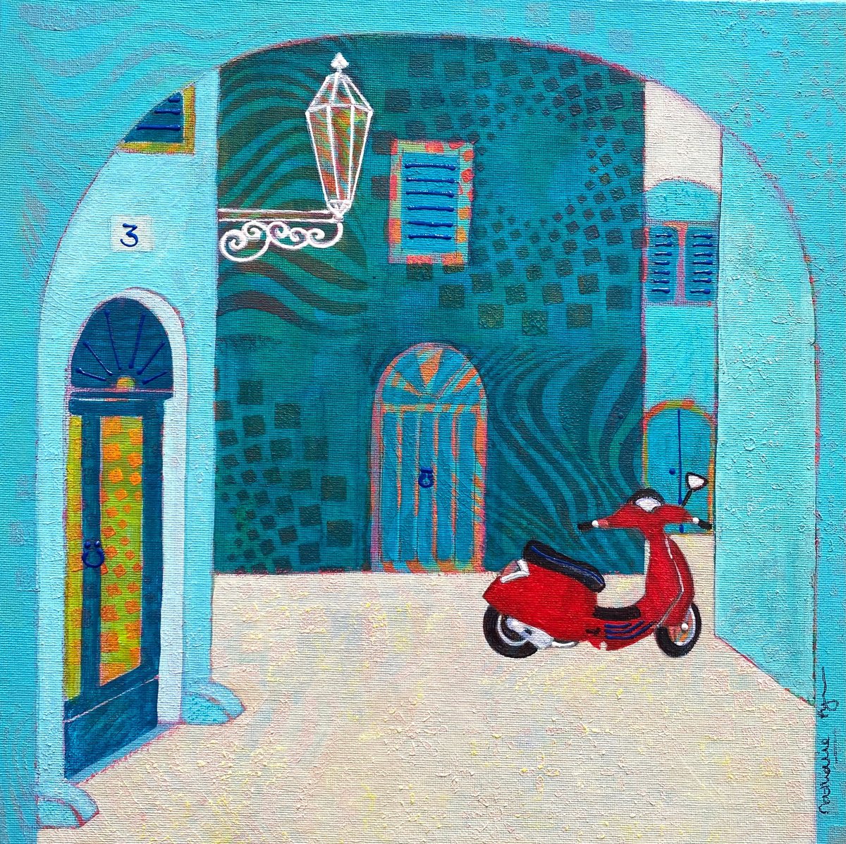 Illustrative Painting , Little Red Vespa At No. 3 By Nathalie Pymm Art, 13 X 13, Artwork For Sale On Artfinder