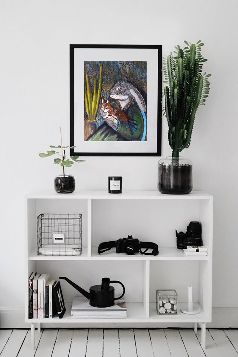 Surrealistic Animal Painting By Elizabeth Vlasova, 11 X 14, Family Portrait With Pet, Original Artwork