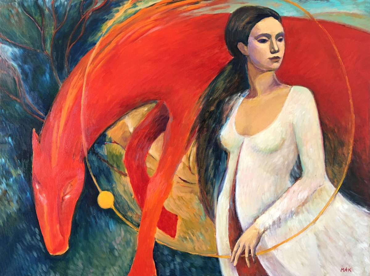 CIRCLE OF THE SUN - expressive oil painting with a goddess woman and a red horse dragon Bi... by Irene Makarova