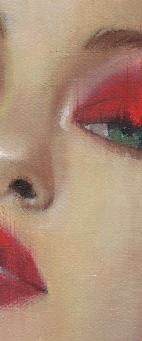 Sophia - beauty oil painting of women female on paper red makeup closeup by Renske Karlien Hercules