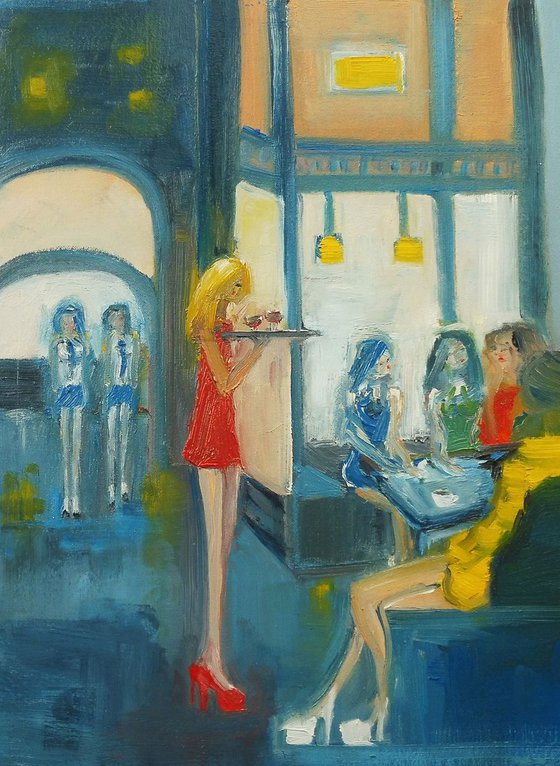 GIRLS CAFE RED WINE, RED DRESS. Original Oil Figurative Painting.