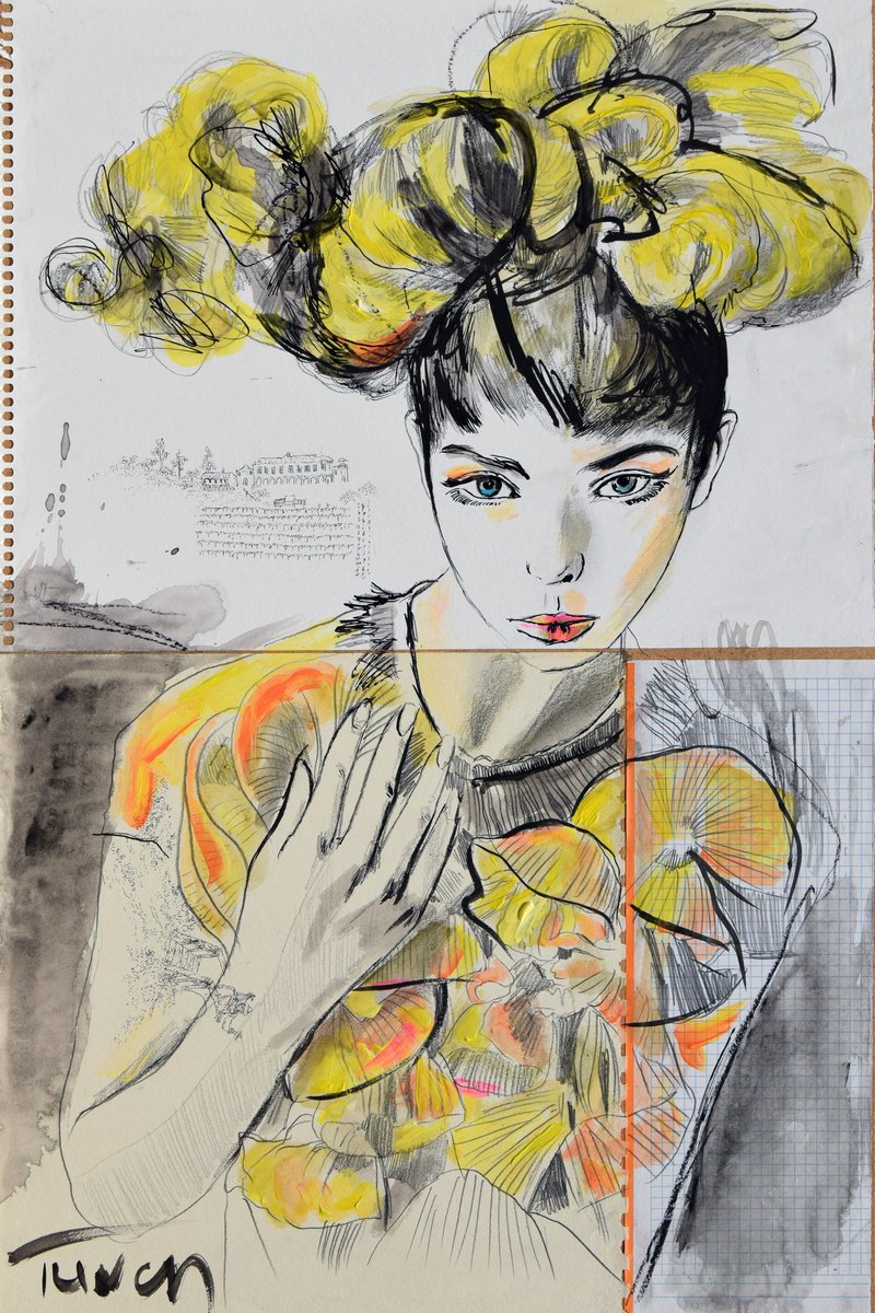 Urban And Pop Portrait Pencil Drawing By Catalin Ilinca, 16 X 24, Orange Blossom (L