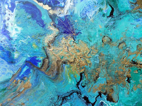 Modern abstract art blue green gold metallic painting ocean colors - Summer Holidays