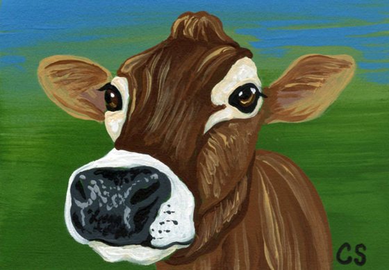 ACEO ATC Original Miniature Painting Brown Cow Farmyard Art-Carla Smale