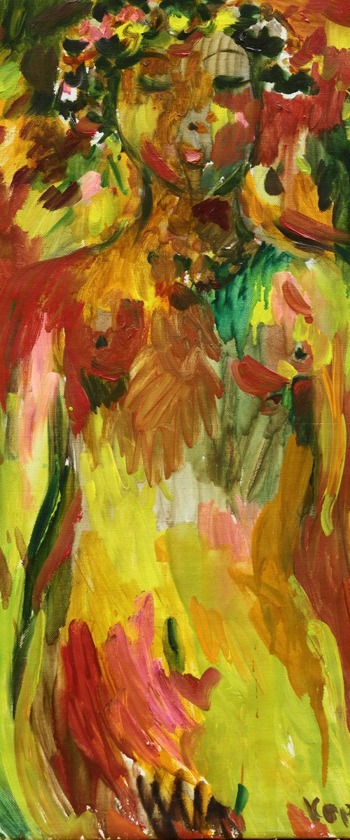 SUNNY DAY - original oil painting, oil on canvas, nude erotic art, yellow, bright, people by Karakhan