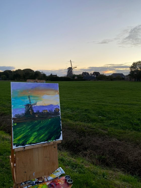 Windmill at sunset. Plein Air