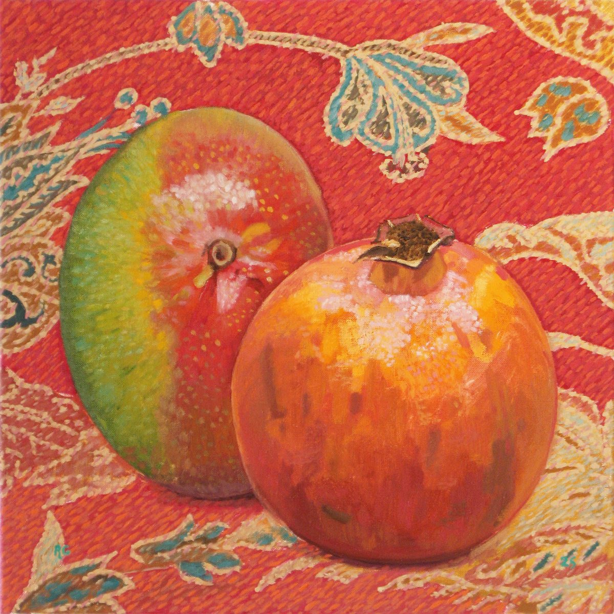 Still Life Oil Painting By Richard Gibson, 14 X 14", Pomegranate And Mango, Original Artwork