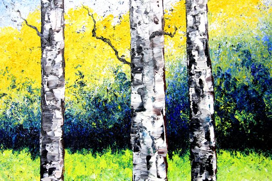 Yellow-and-Orange-Daffodils-Growing-in-a-Woodland. Birch trees .Huge size! EXCLUSIVE !!!! A unique offer! Original oil on canvas + book