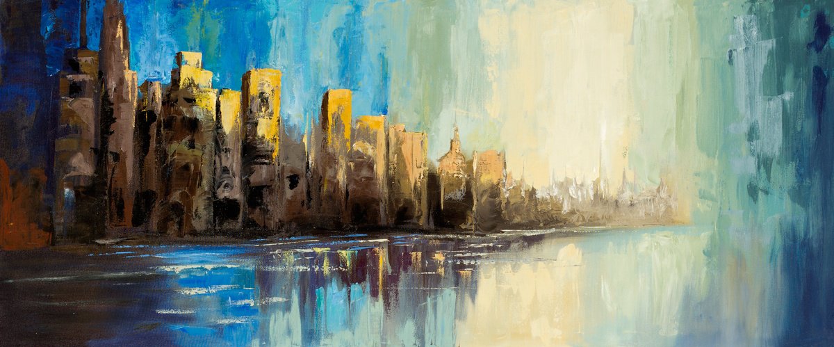 Abstract Cityscapes Acrylic Painting By Madhav Singh, 75 X 33", Glorious Skyline, Original Artwork