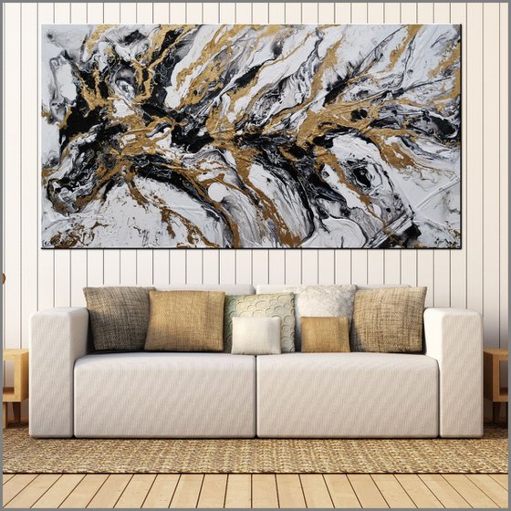 Glitz 190cm x 100cm Black White Gold Textured Abstract Art