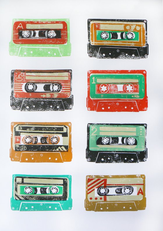 Linocut tapes #15 (cassette tapes, retro music, 70's, 80's rock culture)