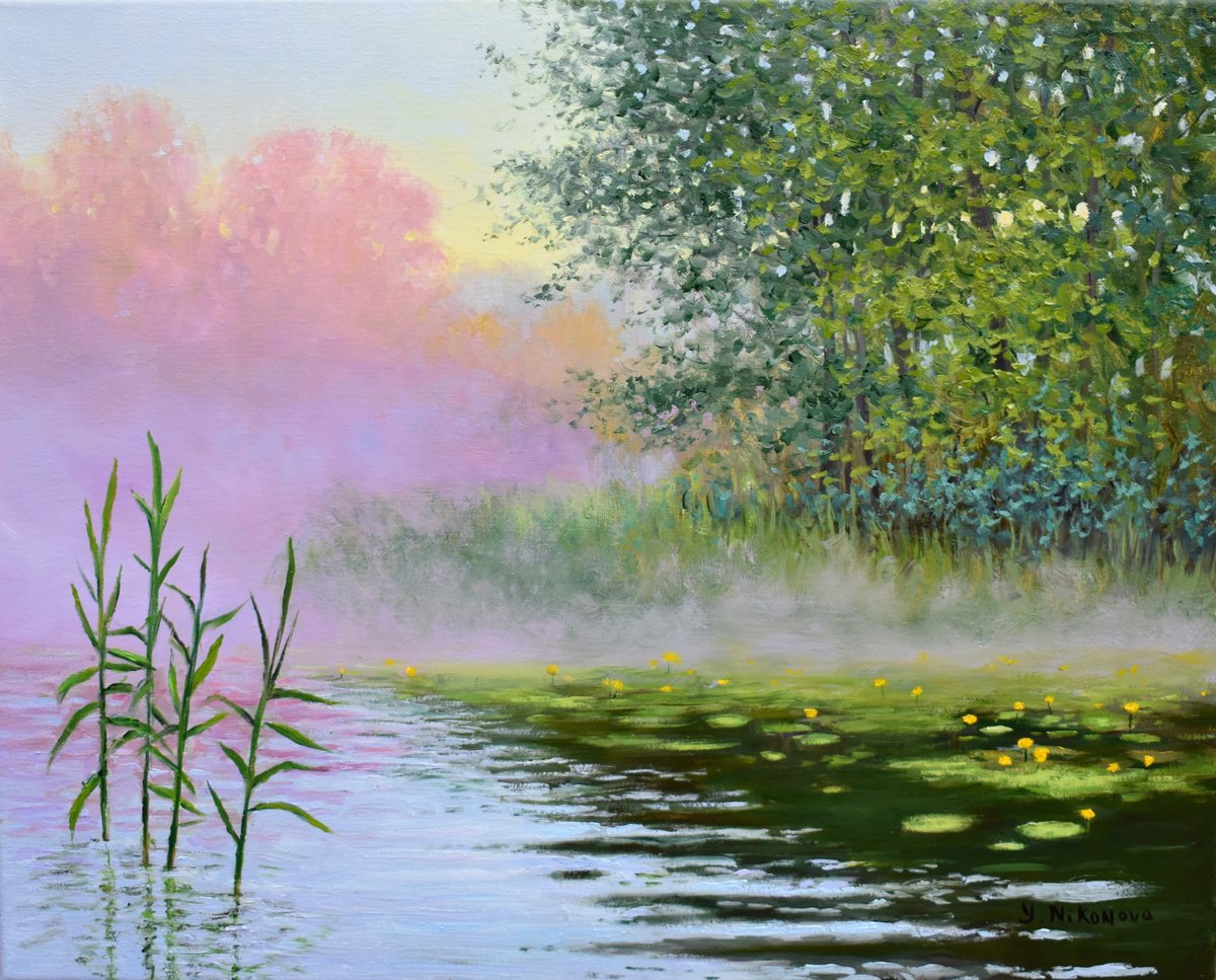 Impressionistic Landscape Oil Painting By Yulia Nikonova, 20 X 16", Peaceful Morning, Original Artwork