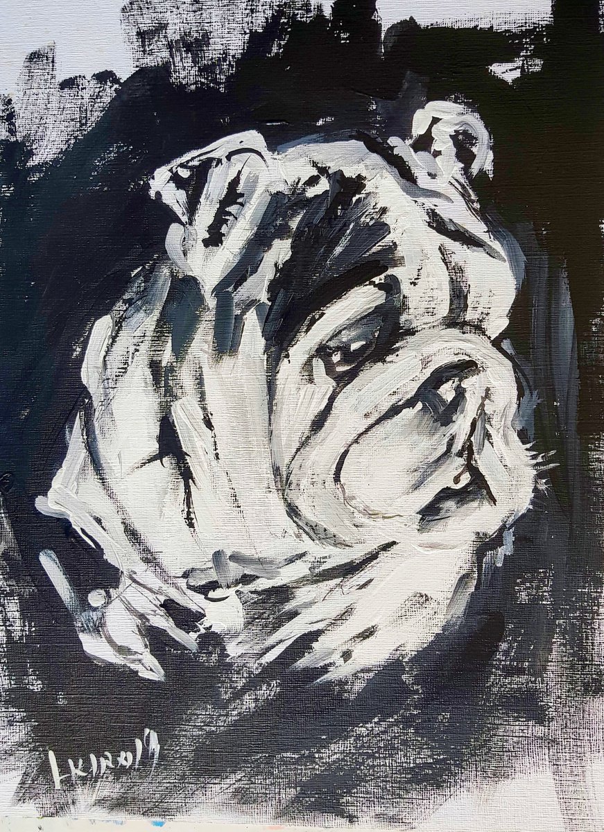 Impressionistic Animal Acrylic Painting By Leonid Kirnus, 10 X 14", Portrait Of The Bulldog, Original Artwork