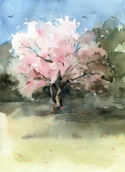 Flowering tree in watercolor, Spring tree by Yulia Evsyukova