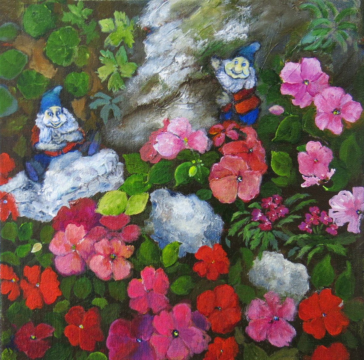 Gnomes and Busy Lizzies (a scene from my rockery garden) by Maureen Greenwood