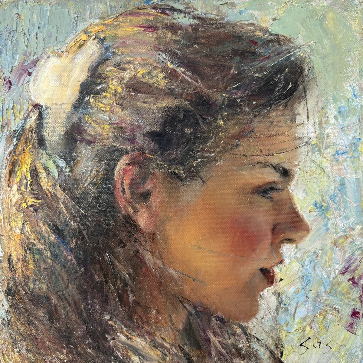 Expressive Oil Painting , Girl With A White Hairpin By Liubou Sas, 12 X 12, Artwork For Sale On Artfinder