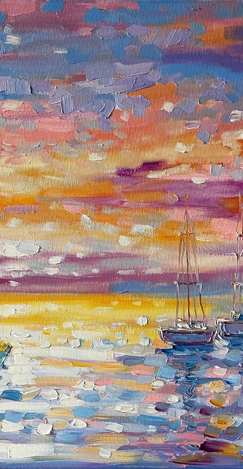 Ships at sea. Original oil painting by Mary Voloshyna