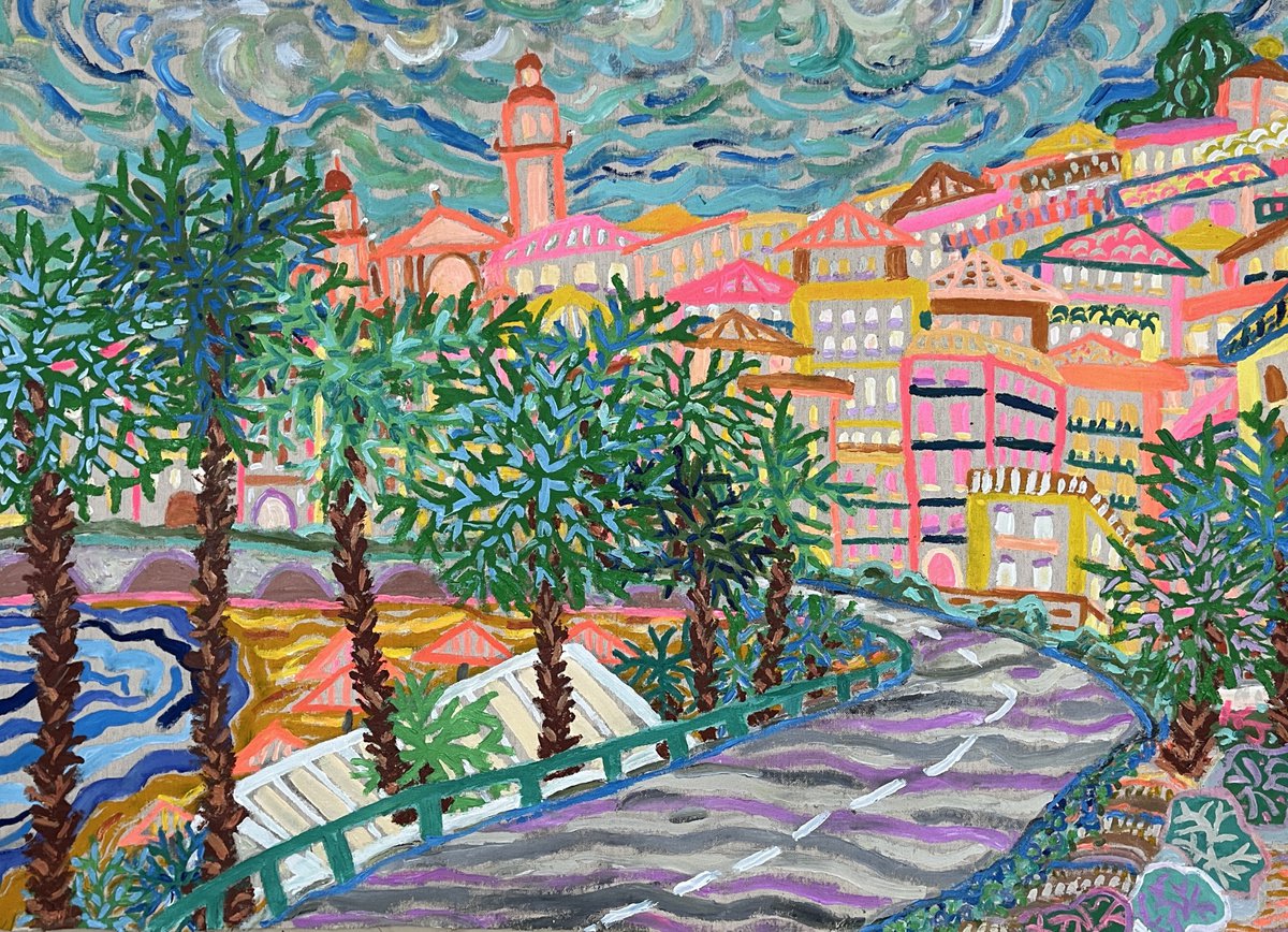 Expressive Landscape Acrylic Painting By Katie Jurkiewicz, 48 X 36", Menton (Old Town), Original Artwork