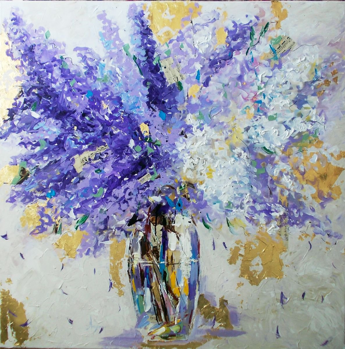 Lilacs in vase III-Acrylic- mixed media painting on canvas by Antigoni Tziora