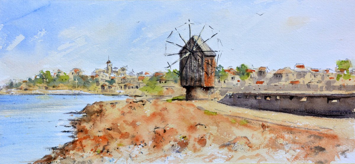Windmill in red old town Nessebar Bulgaria 17x36 cm 2020 by Nenad Kojic watercolorist