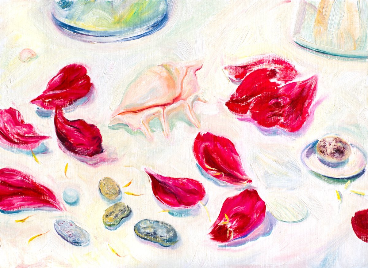 Impressionistic Still Life Oil Painting By Daria Galinski, 16 X 12, Shells And Petals, Original Artwork