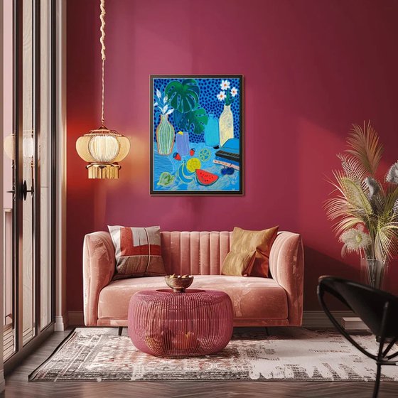 Blue Still Life with Fruits