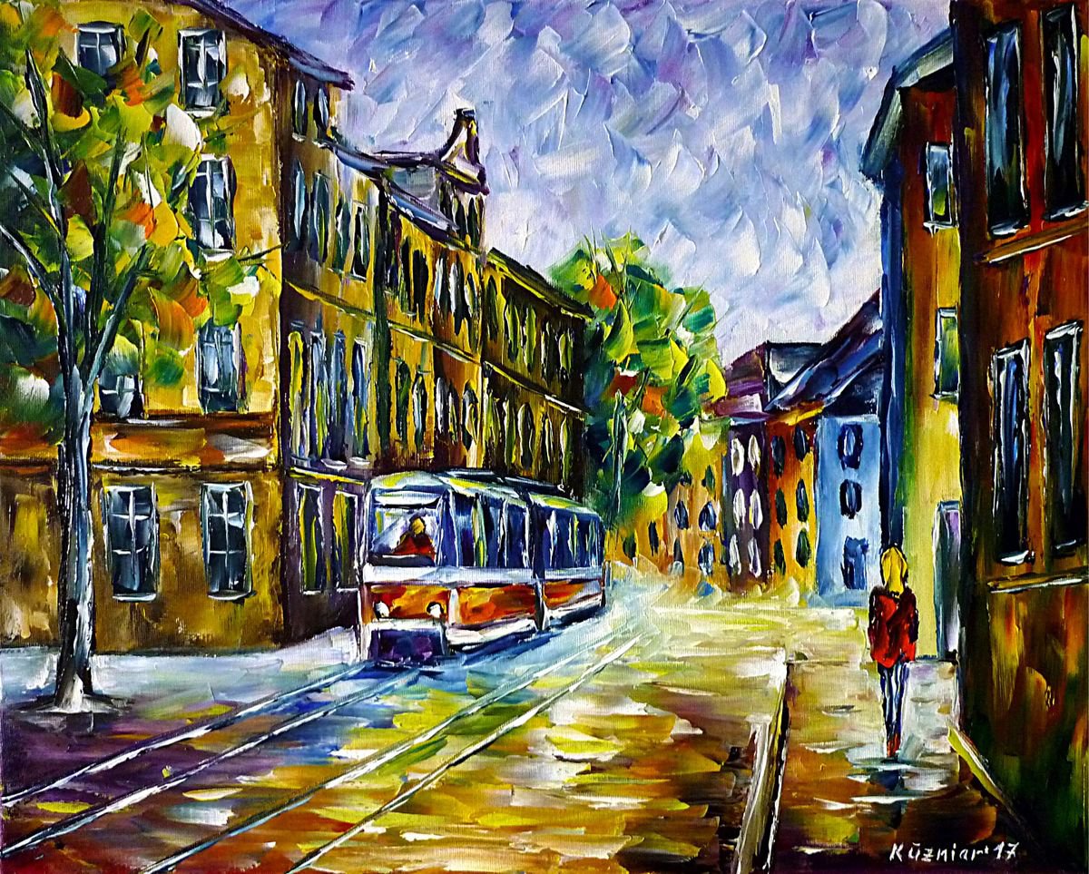 Expressive Cityscapes Oil Painting By Mirek Kuzniar, 20 X 16", Streets Of Gera, Original Artwork