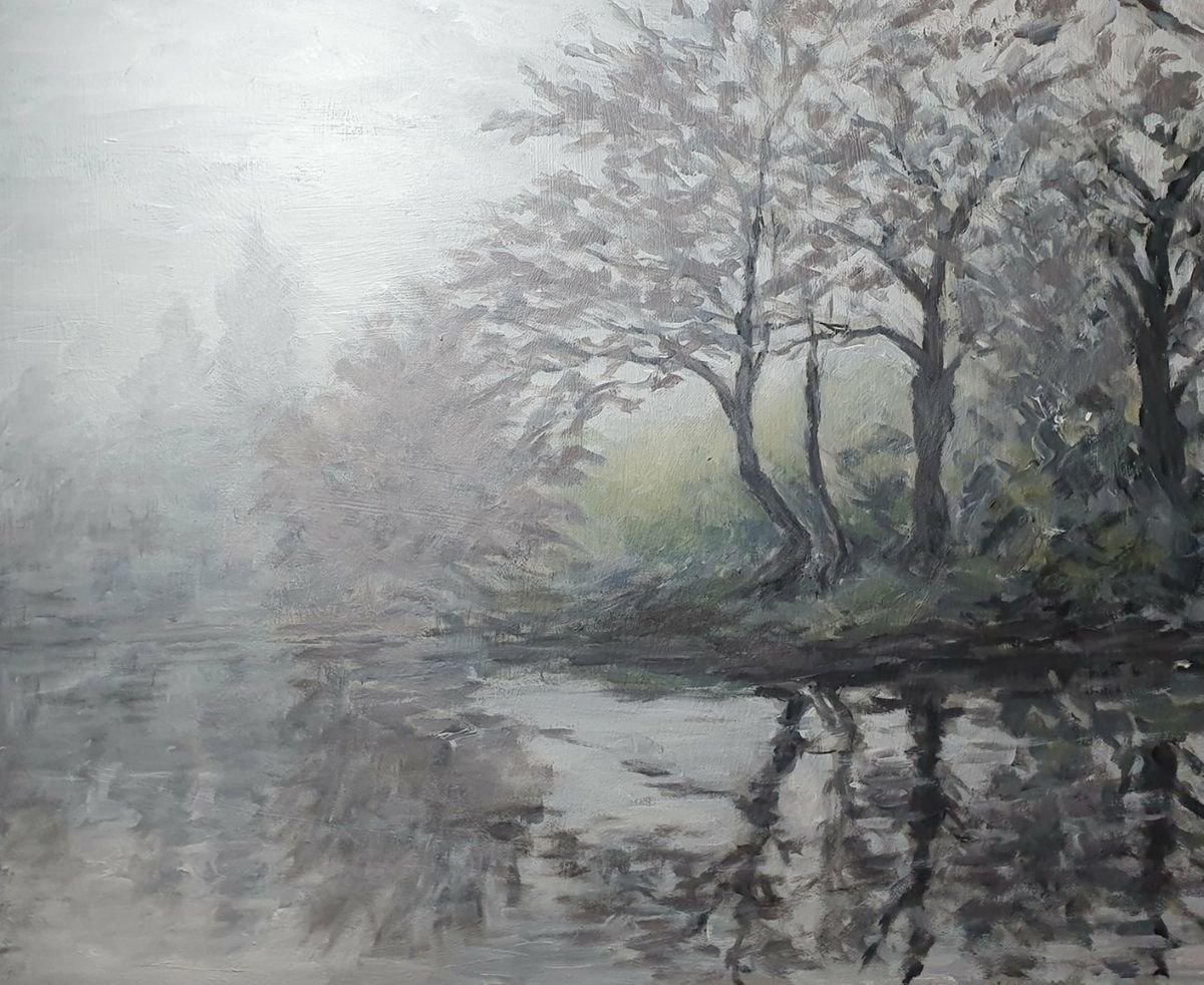 Landscape Acrylic Painting By Colin Ross Jack, 24 X 20, Mist On The River I, Original Artwork