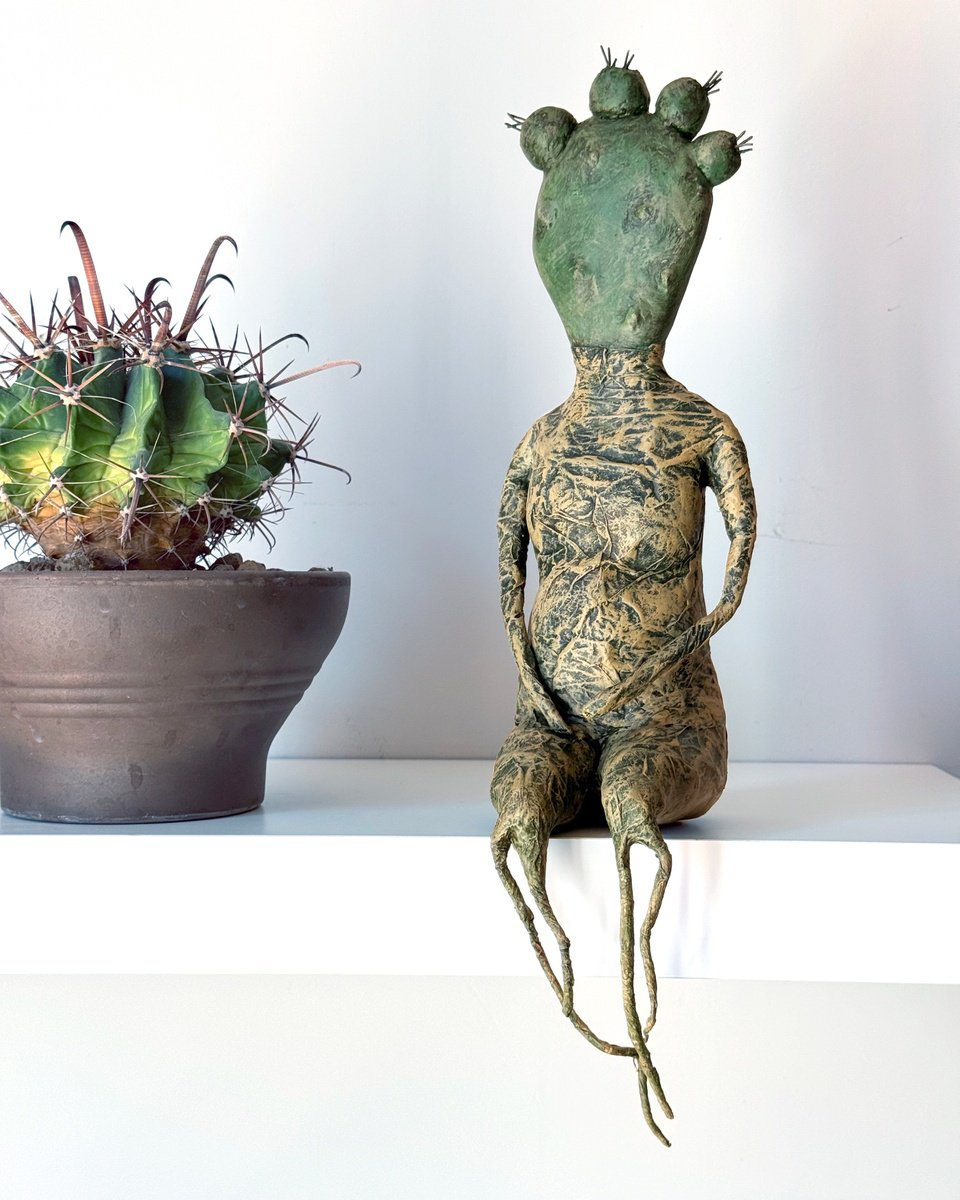 Expressive Botanical Sculpture By Sol Vil, 5 X 17", Miss Cactus, Original Artwork