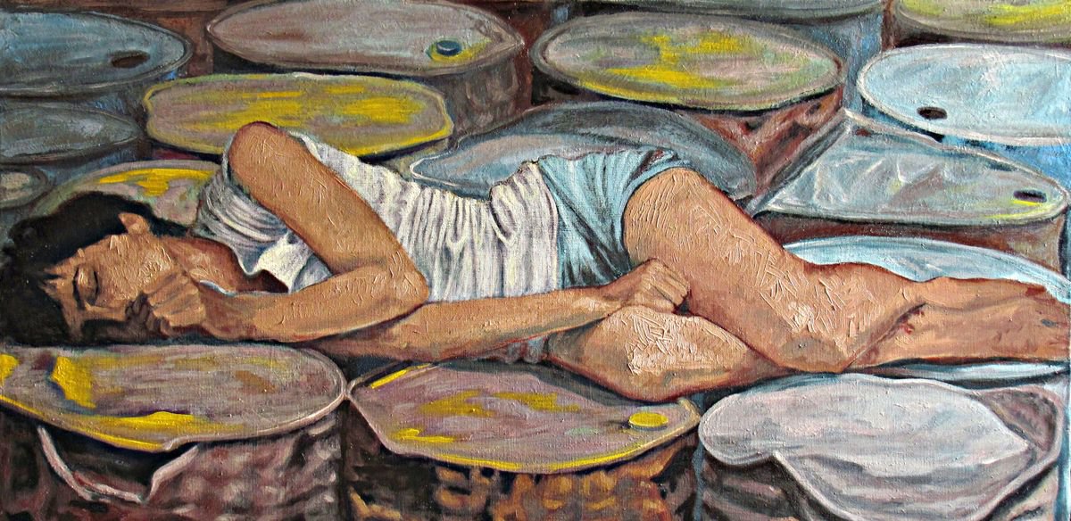 Portrait Oil Painting By Antonio Mele, 47 X 24, Uncomfortable Sleeping, Original Artwork