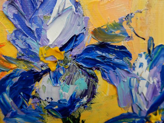 Irises, flowers. Impasto oil painting. Palette knife, heavy textured art